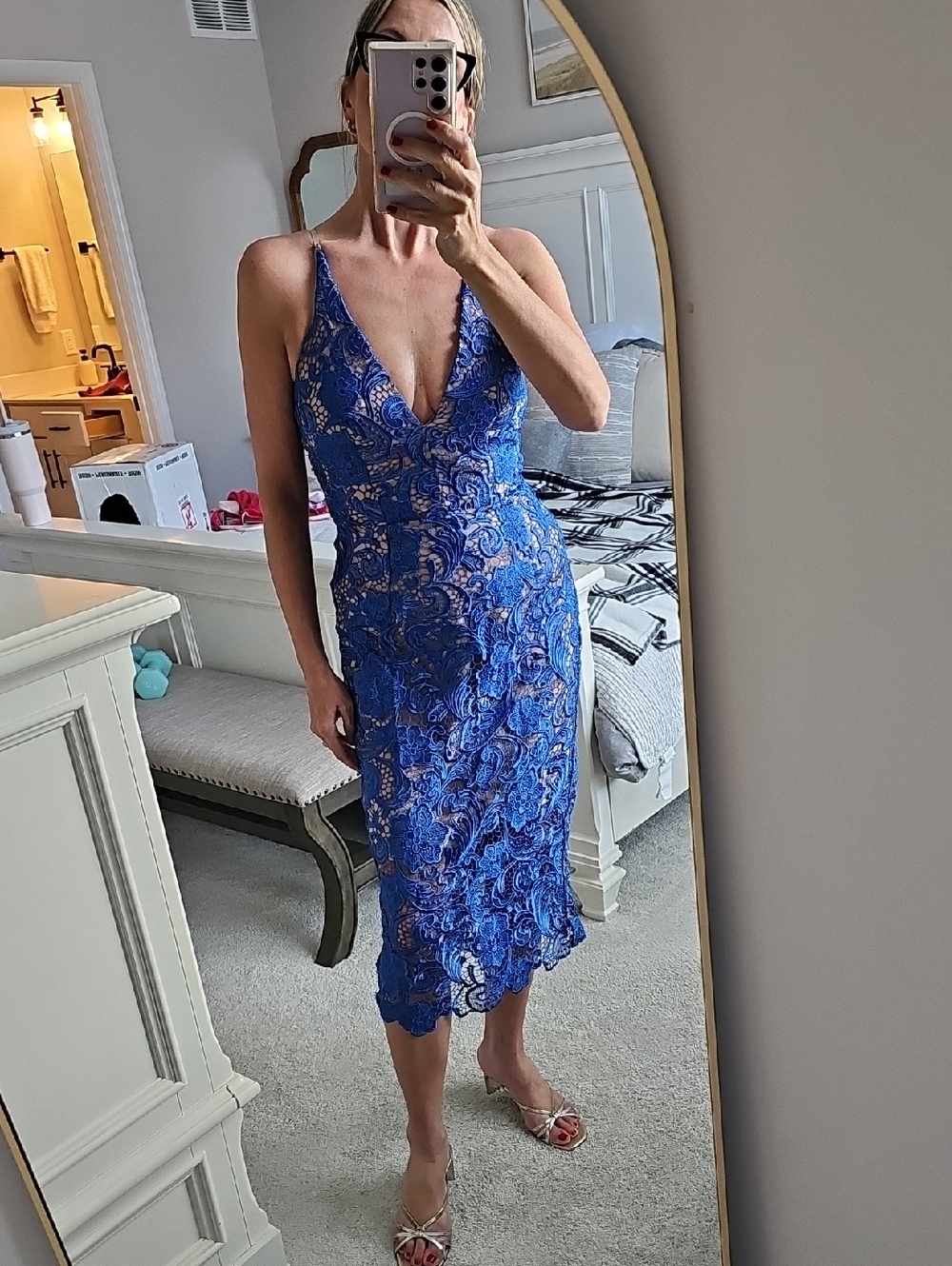 Dress The Population Blue Lace Midi Dress